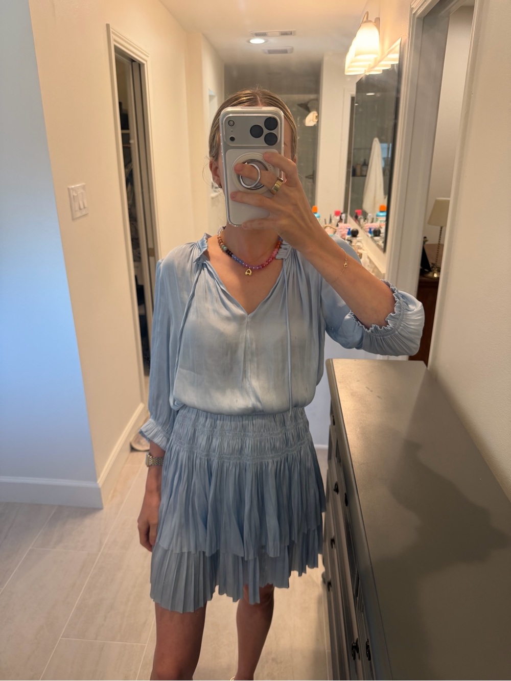 The Reset Light Blue Tiered Smocked-Waist Mini Dress
